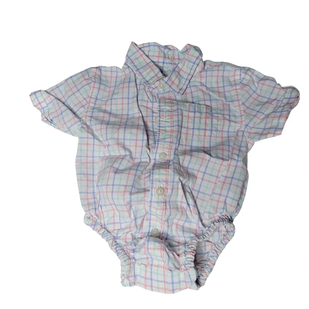 Janie and Jack Boys Pastel Plaid Short Sleeve Button Up Bodysuit 3-6 Months